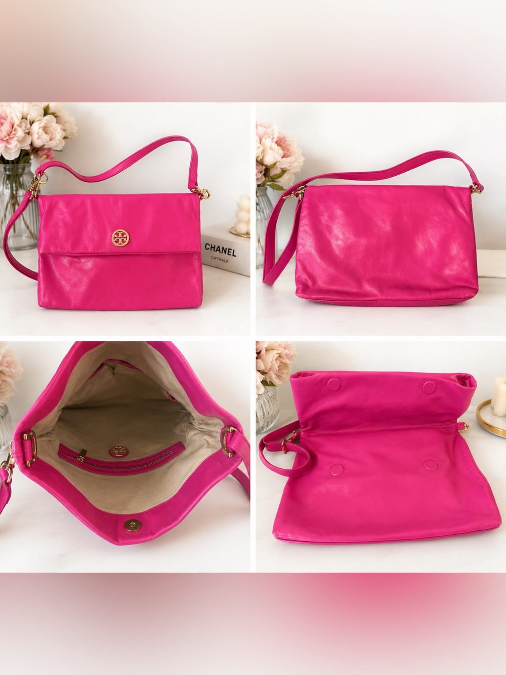 Tory Burch Hot Pink Leather Fold-Over Shoulder Bag
